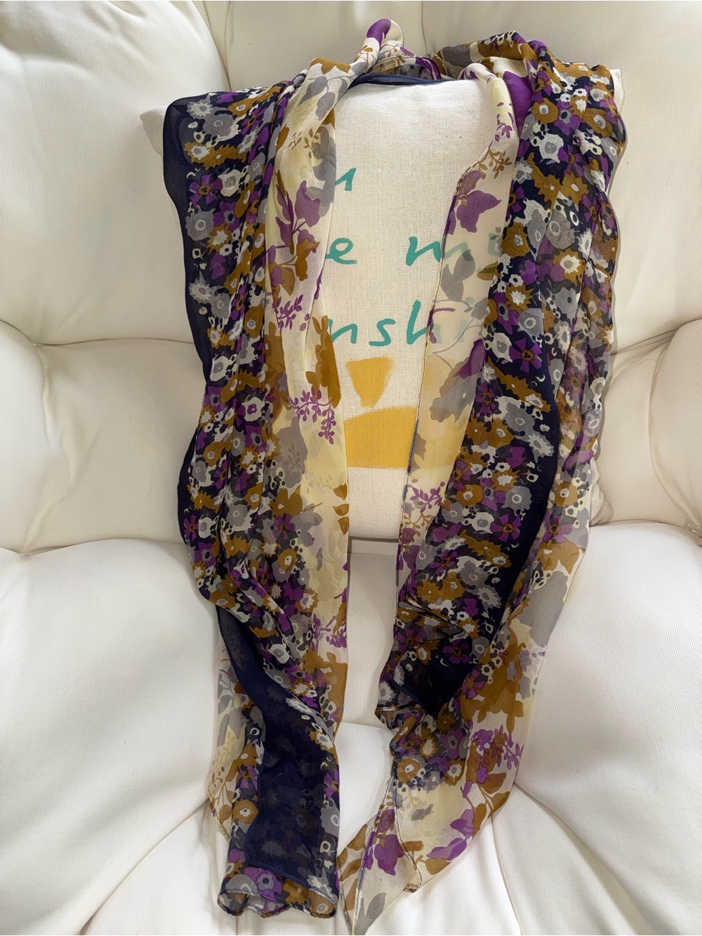 Japanese  Sheer Floral Scarf in Purple, Mustard & Black